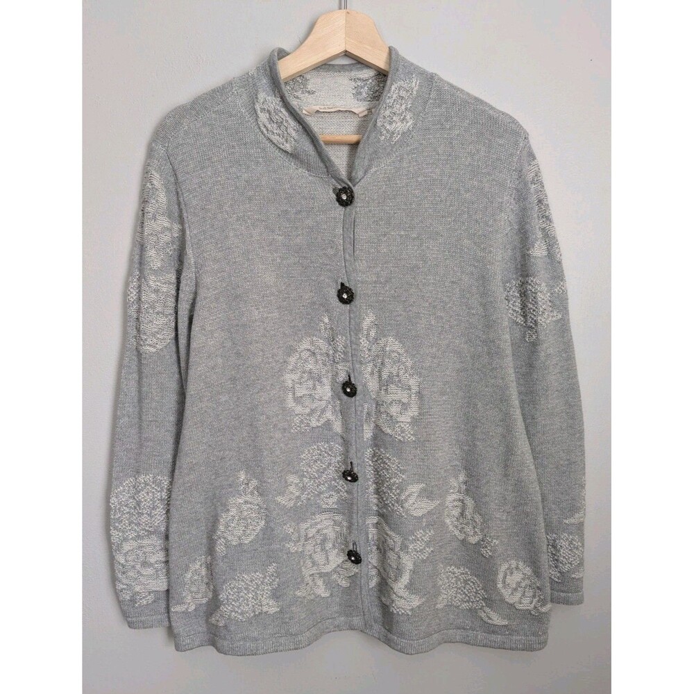 Soft Surroundings 100% Cotton Cardigan Sweater Jacket PM Gray Floral Bling Buttn
